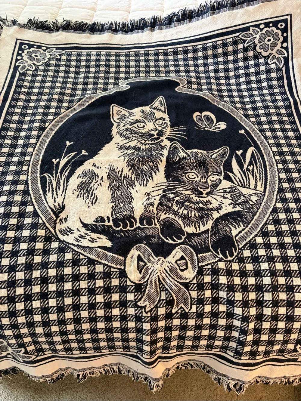 Classic Cat Throw Blanket in Navy and Cream - Pets Cat